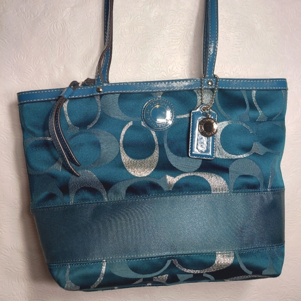 Coach Signature Stripe, Teal, Metallic, Tote